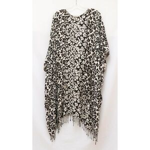 Codello ruana leopard animal print boho beach cover up fringe long poncho cream
